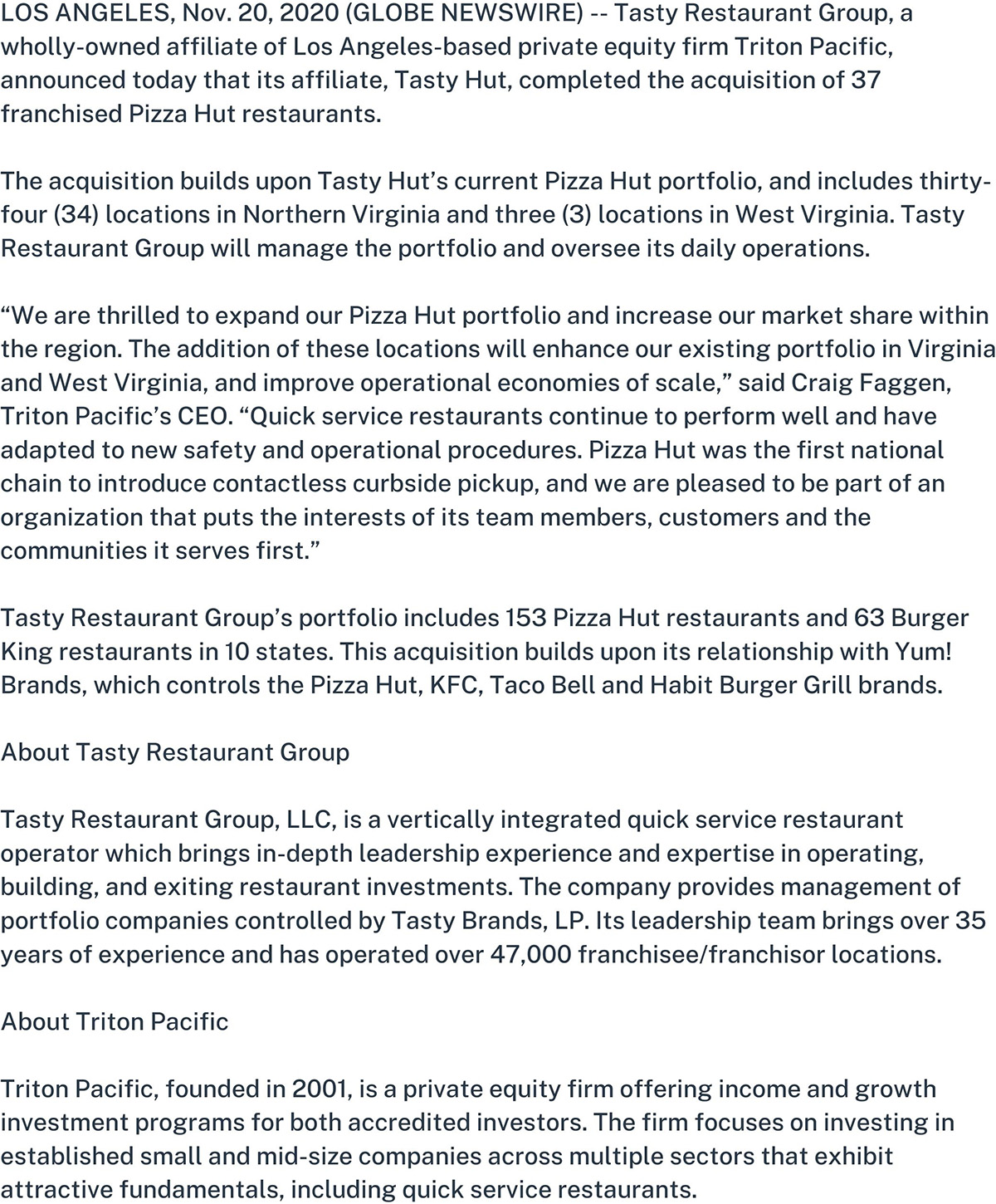 Tasty Restaurant Group to Acquire Portfolio of 37 Pizza Hut Restaurants