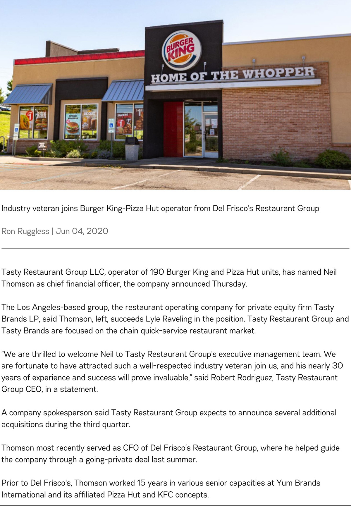 Tasty Restaurant Group names Neil Thomson as CFO