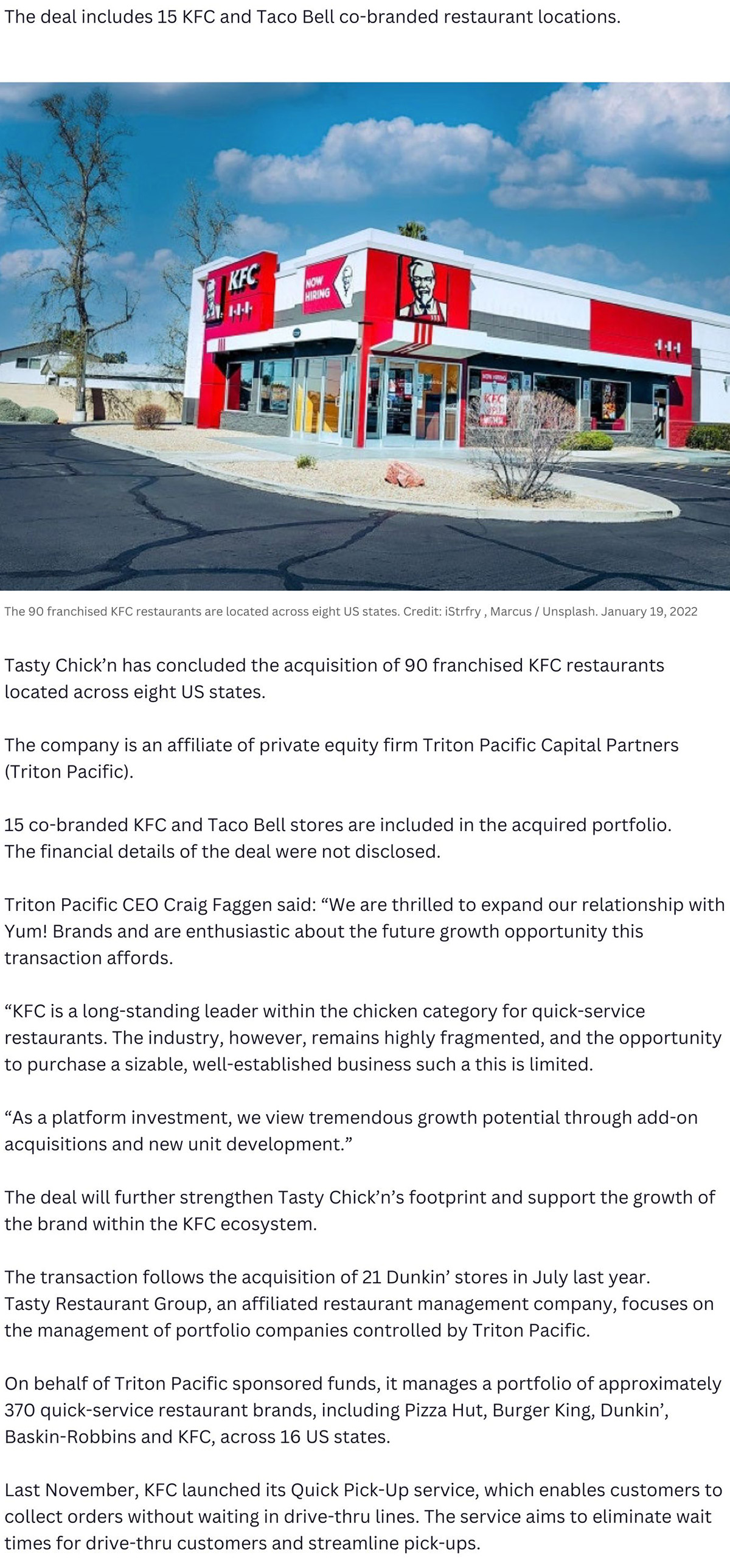 Tasty Chick'n acquires 90 franchised KFC Restaurants in US